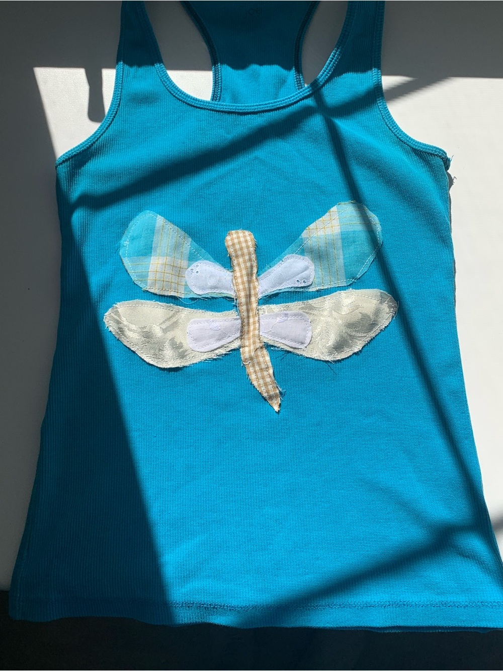 Upcycled Turquoise Blue Ribbed Dragonfly Patchwork Tank Cottagecore